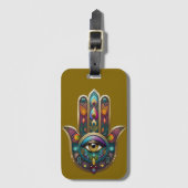 Peacock Colors Hamsa w/ Gold Third Eye Gepäckanhänger (Vorderseite Vertikal)