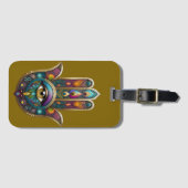 Peacock Colors Hamsa w/ Gold Third Eye Gepäckanhänger (Vorderseite (Horizontal))