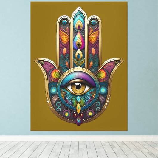 Peacock Colors Hamsa w/ Gold Third Eye Leinwanddruck (Insitu (Holzboden))