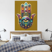 Peacock Colors Hamsa w/ Gold Third Eye Leinwanddruck (Insitu (Schlafzimmer))