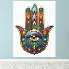 Peacock Colors Hamsa w/ Gold Third Eye Leinwanddruck