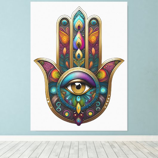 Peacock Colors Hamsa w/ Gold Third Eye Leinwanddruck (Insitu (Holzboden))