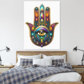 Peacock Colors Hamsa w/ Gold Third Eye Leinwanddruck (Insitu (Schlafzimmer))