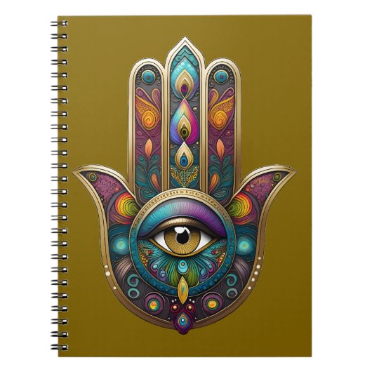 Peacock Colors Hamsa w/ Gold Third Eye Notizblock (Vorderseite)