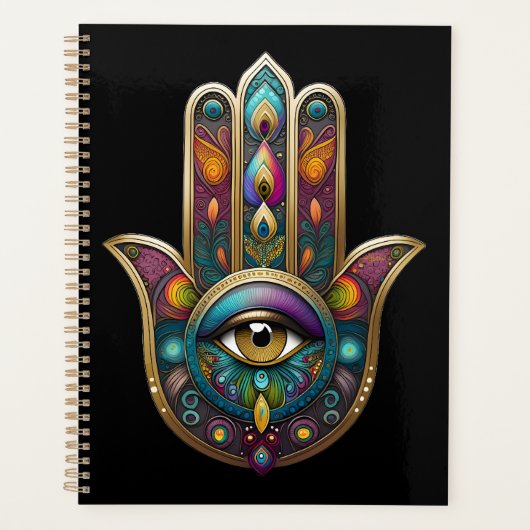 Peacock Colors Hamsa w/ Gold Third Eye Planer (Vorderseite)