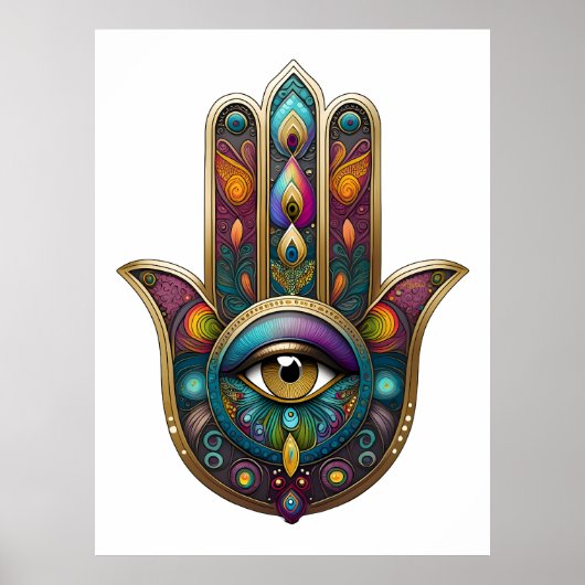 Peacock Colors Hamsa w/ Gold Third Eye Poster (Vorne)