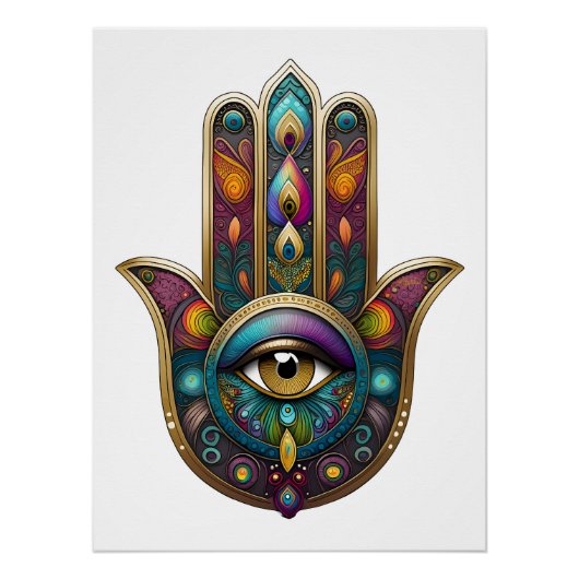 Peacock Colors Hamsa w/ Gold Third Eye Poster (Vorderseite)