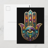 Peacock Colors Hamsa w/ Gold Third Eye Postkarte (Vorne/Hinten)