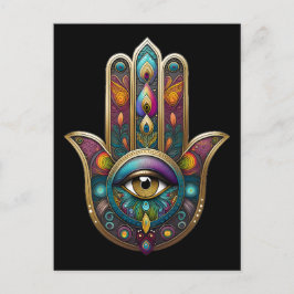 Peacock Colors Hamsa w/ Gold Third Eye Postkarte