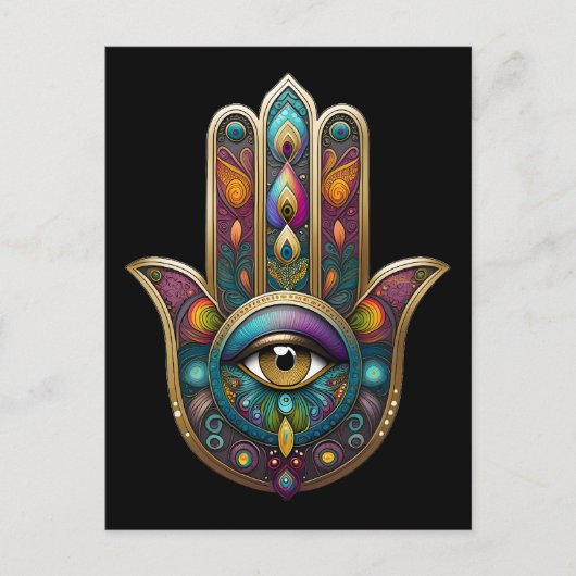 Peacock Colors Hamsa w/ Gold Third Eye Postkarte (Vorderseite)