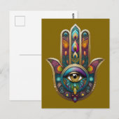 Peacock Colors Hamsa w/ Gold Third Eye Postkarte (Vorne/Hinten)