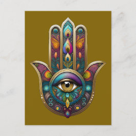 Peacock Colors Hamsa w/ Gold Third Eye Postkarte