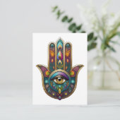 Peacock Colors Hamsa w/ Gold Third Eye Postkarte (Stehend Vorderseite)