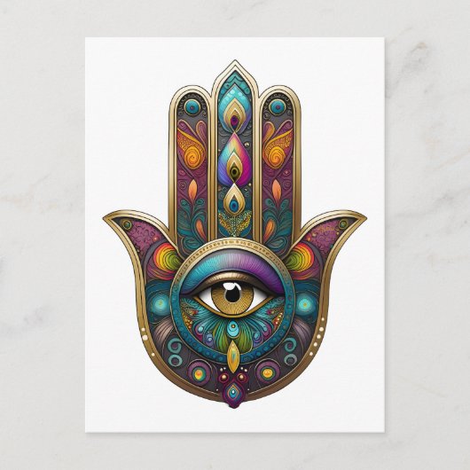 Peacock Colors Hamsa w/ Gold Third Eye Postkarte (Vorderseite)