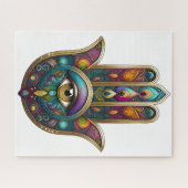 Peacock Colors Hamsa w/ Gold Third Eye Puzzle (Horizontal)