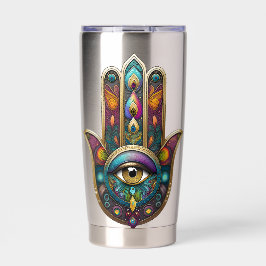 Peacock Colors Hamsa w/ Gold Third Eye Thermobecher