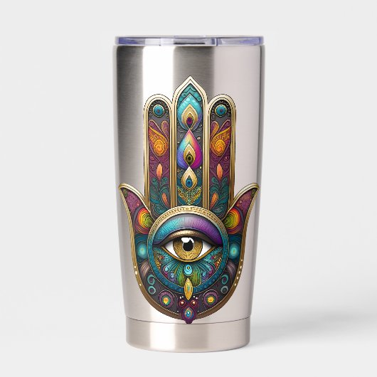 Peacock Colors Hamsa w/ Gold Third Eye Thermobecher (Vorderseite)