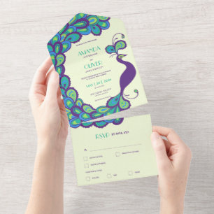 Peacock Elegance Multicolored Vintage Wedding All In One Einladung