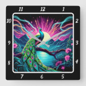 Peacock Elegance Neon Quadratische Wanduhr (Vorderseite)