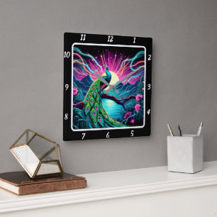 Peacock Elegance Neon Quadratische Wanduhr