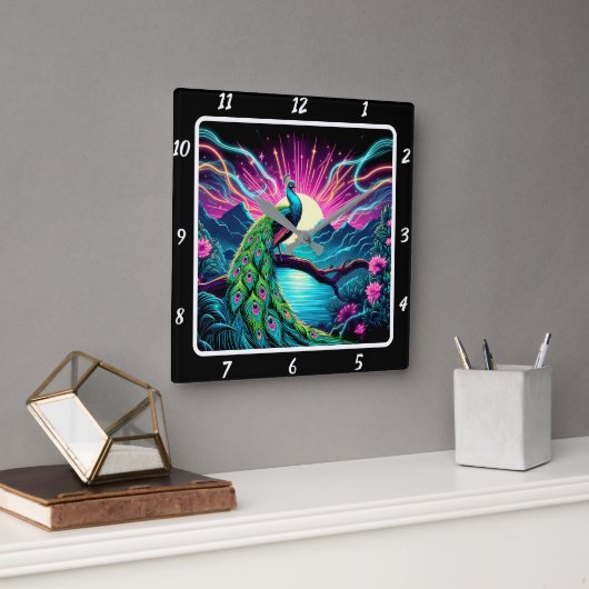 Peacock Elegance Neon Quadratische Wanduhr (Büro)