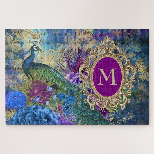 Peacock Elegant Vintages Lila Aquamarines Gold Mon Puzzle (Horizontal)