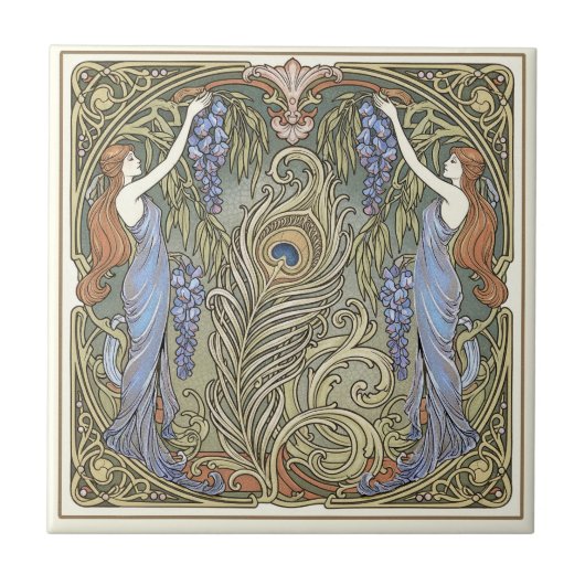 Peacock Feather and Muses Art Nouveau Pat#4 ID1193 Fliese (Vorderseite)