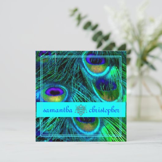 PEACOCK FEATHER/AQUA/TURQUOISE SIEHE BESCHREIBUNG EINLADUNG (Stehend Vorderseite)