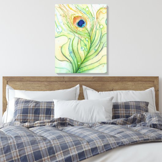Peacock Feather Aquarellmalerei Canvas Print Leinwanddruck (Insitu (Schlafzimmer))