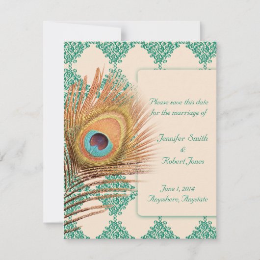 Peacock Feather auf Aquamariner marokkanischer Sei Save The Date (Vorderseite)