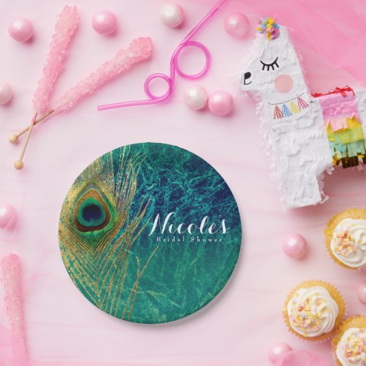 Peacock Feather Blue Aquamarin Gold Boho Custom Pa Pappteller (Party)