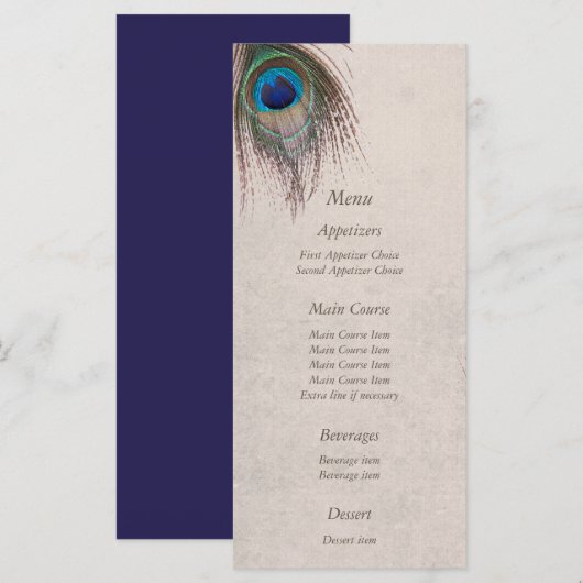 Peacock Feather Blue Wedding Menu Menükarte (Vorne/Hinten)