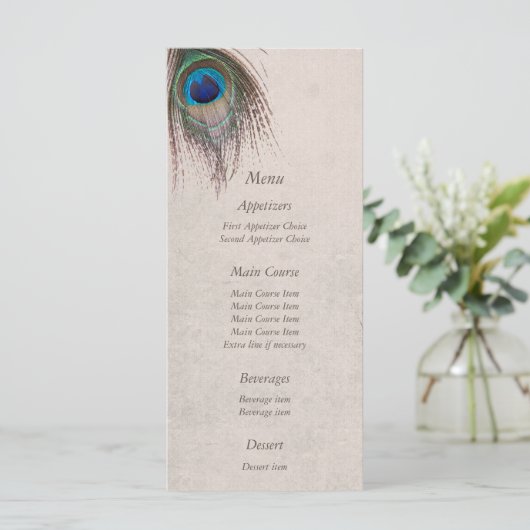 Peacock Feather Blue Wedding Menu Menükarte (Stehend Vorderseite)