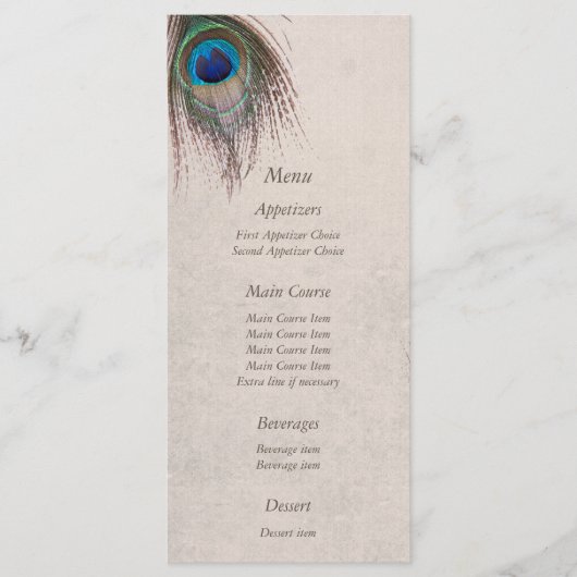 Peacock Feather Blue Wedding Menu Menükarte (Vorderseite)