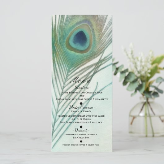 Peacock Feather Boho Chic Menü für Wasserfarben Menükarte (Stehend Vorderseite)
