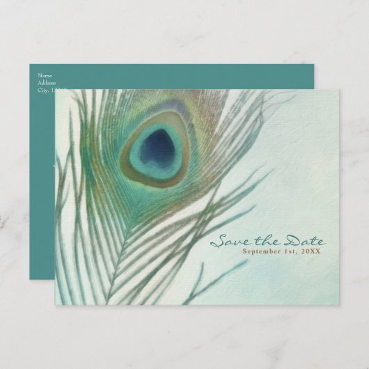 Peacock Feather Boho Chic Wasserfarbe Save the Dat Ankündigungspostkarte (Vorne/Hinten)