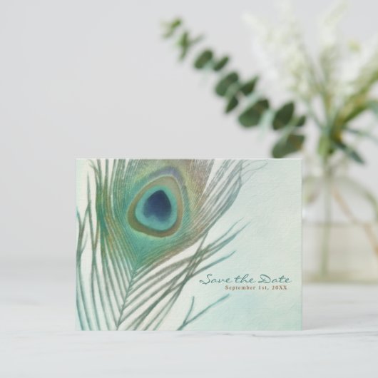 Peacock Feather Boho Chic Wasserfarbe Save the Dat Ankündigungspostkarte (Stehend Vorderseite)