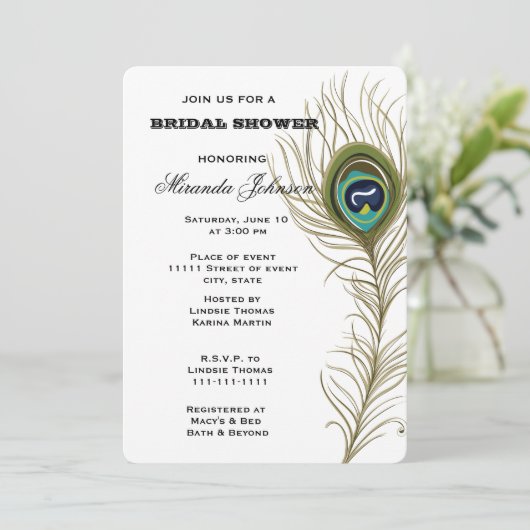 Peacock Feather Brautparty Einladung (Stehend Vorderseite)