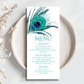 Peacock Feather Chic Glitzer Turquoise Bat Mitzvah Menükarte