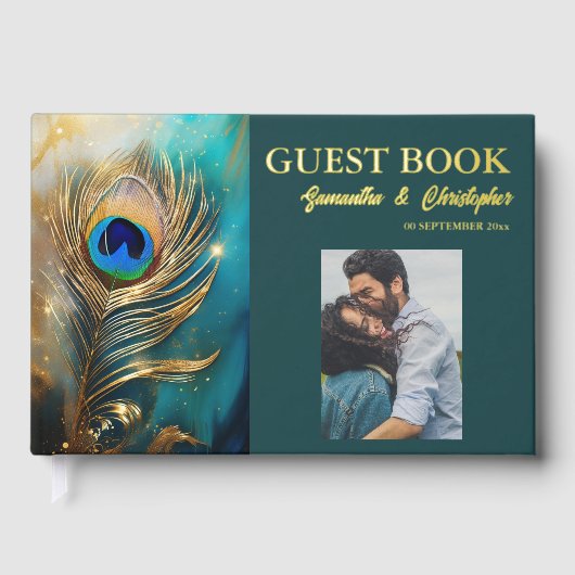Peacock feather couples Foto Hochzeit JE Gästebuch (Vorderseite)