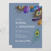 Peacock Feather Dusty Blue Wedding Moderner Chic Einladung (Vorne/Hinten)