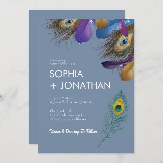 Peacock Feather Dusty Blue Wedding Moderner Chic Einladung (Vorne/Hinten)