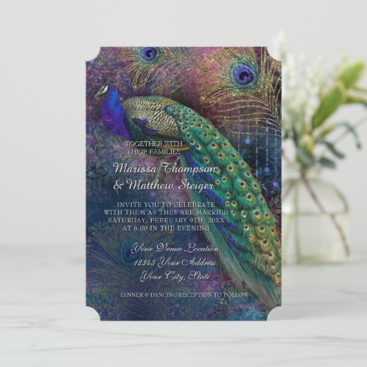 Peacock Feather Elegante Gold Winter Wedding Einladung (Stehend Vorderseite)