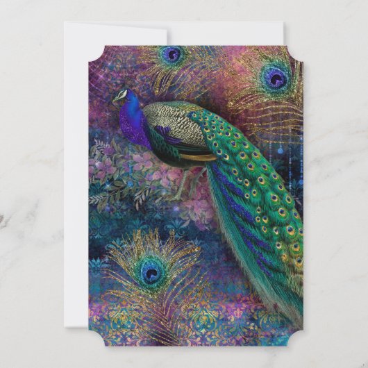 Peacock Feather Elegante Gold Winter Wedding Einladung (Rückseite)