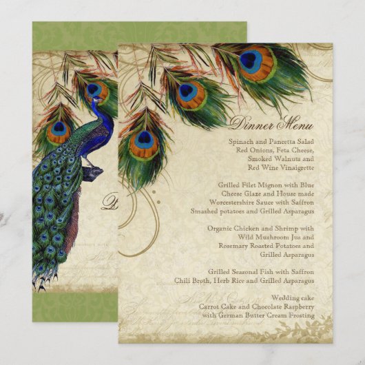 Peacock & Feather Elegantes Abendmenü Menükarte (Vorne/Hinten)