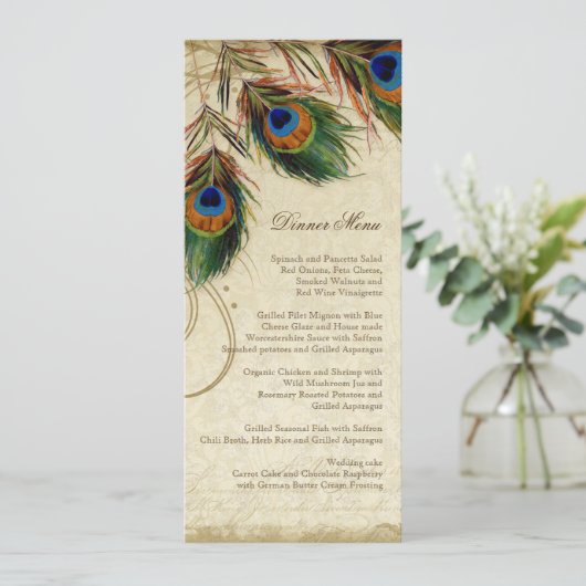 Peacock & Feather Elegantes Abendmenü Menükarte (Stehend Vorderseite)