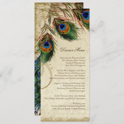 Peacock & Feather Elegantes Abendmenü Menükarte (Vorne/Hinten)