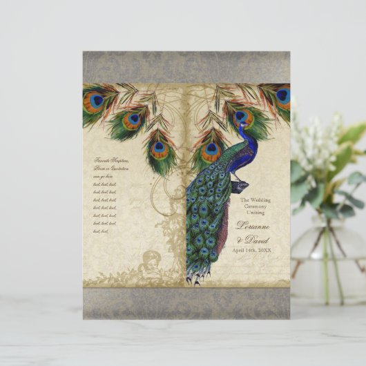Peacock & Feather Elegantes Matching Wedding Progr (Stehend Vorderseite)
