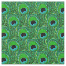 Peacock Feather Fabric - Green Aqua Blue Black