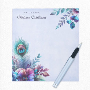 Peacock Feather Floral Watercolor Personalisiert Notizblock